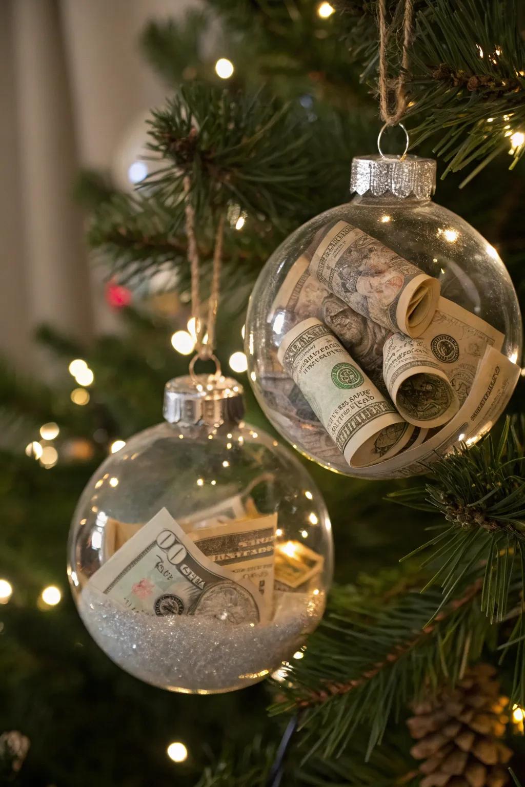 Ornaments filled with cash add sparkle and surprise.