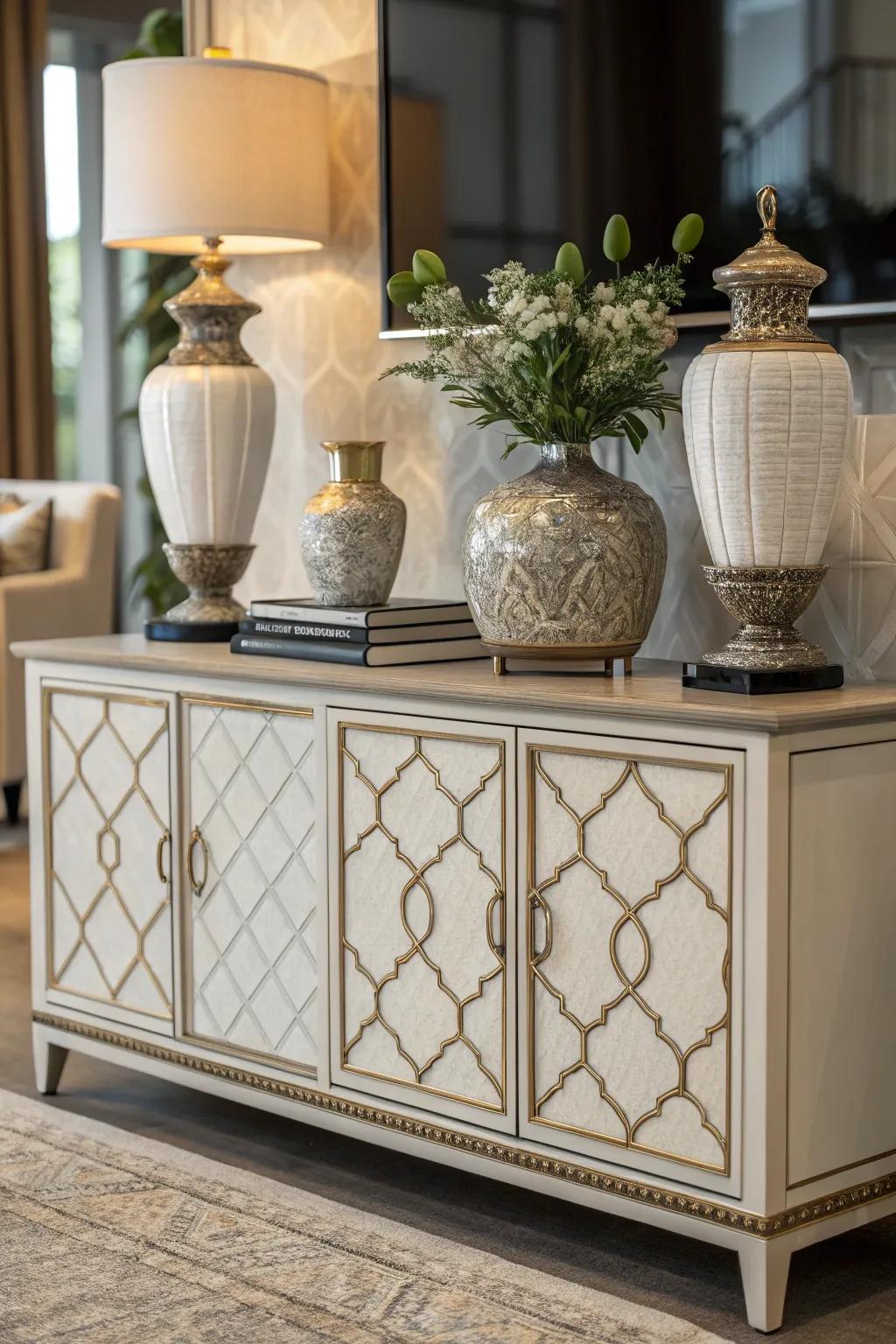 A sideboard with a symmetrical arrangement for visual balance.