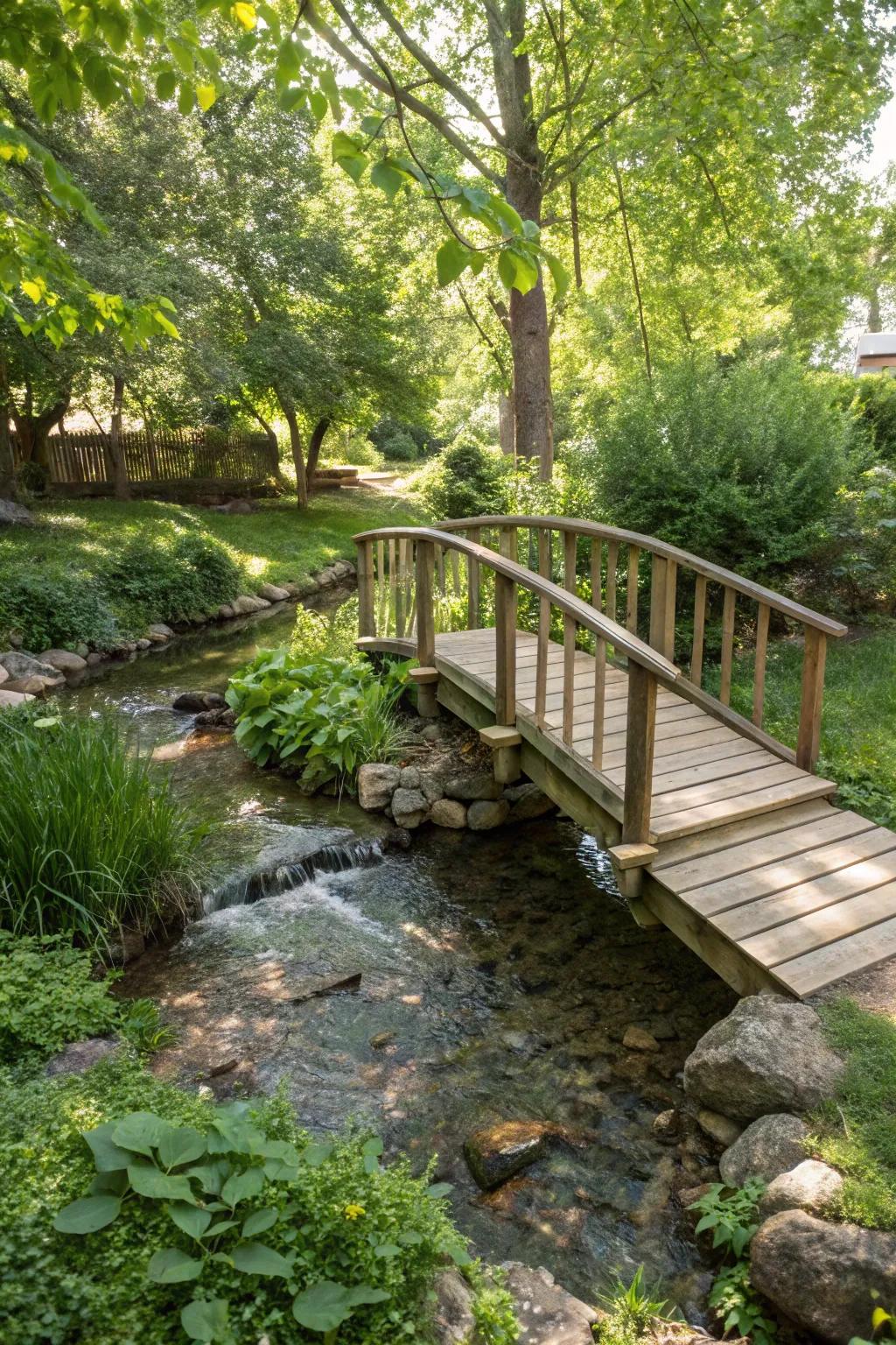 A small footbridge introduces appeal and practicality to your streamside landscape.