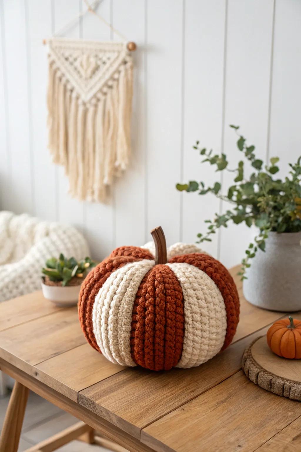 Introduce a cozy element to your autumn decor with handmade crochet pumpkins, suitable for minimalist and boho-inspired homes.