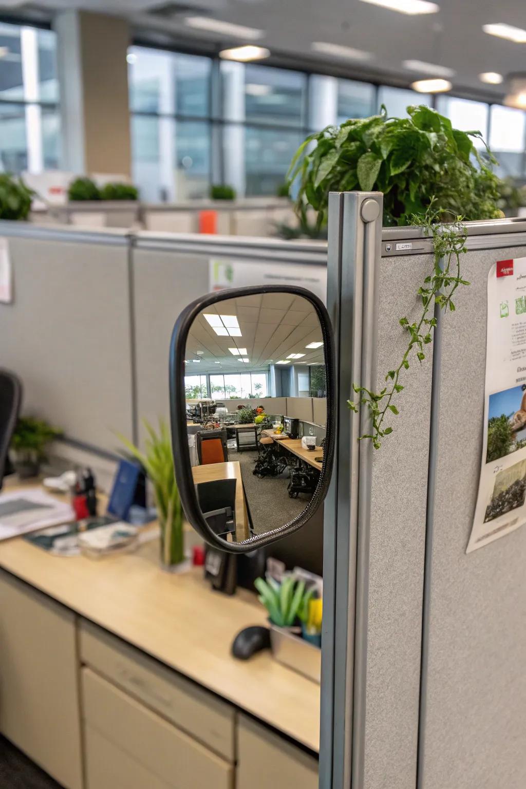 A magnetic mirror provides convenience and style on metal surfaces in the workspace.