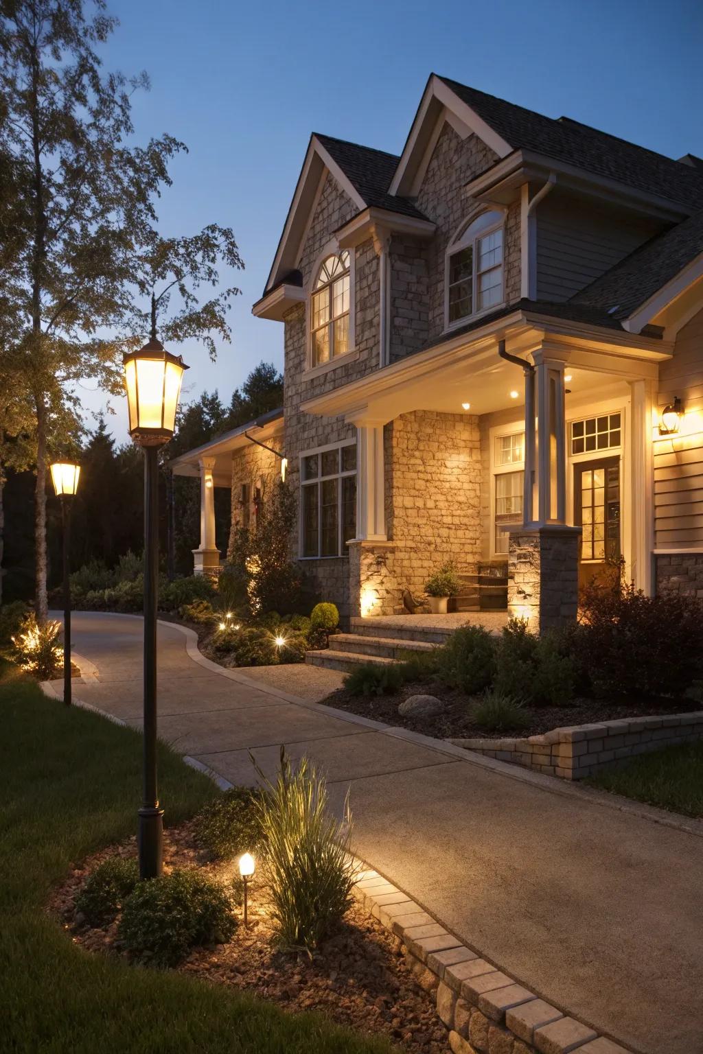 Gentle lighting showcases the home’s architectural details.