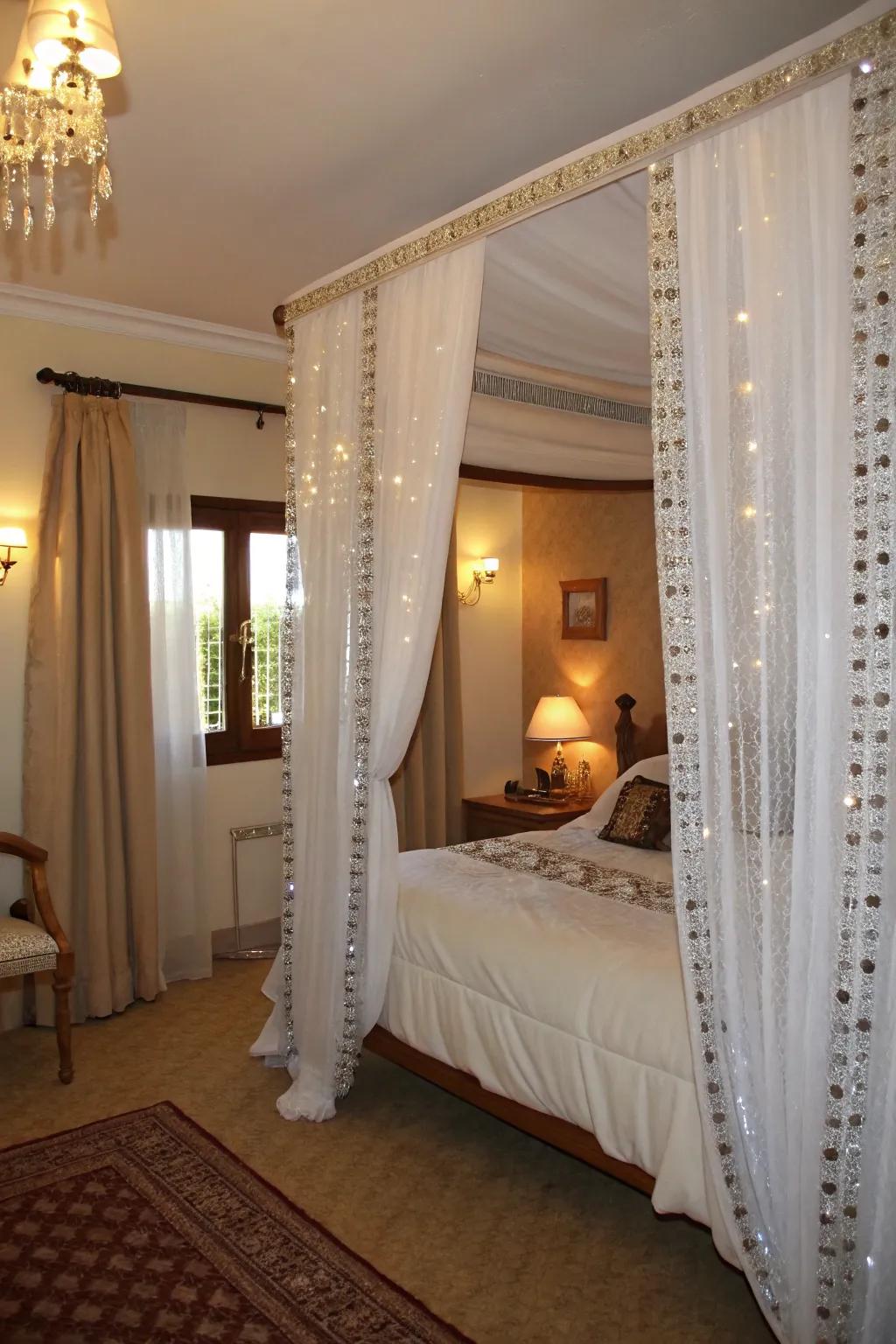 Bedroom curtains showcasing elegant beaded trims.