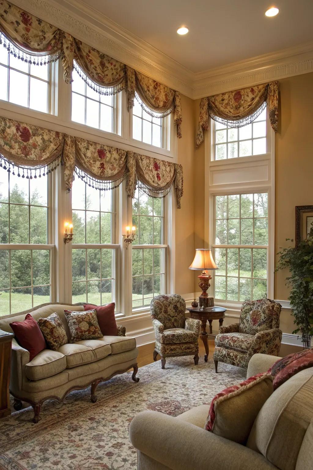 Short curtains and trim add a decorative and refined highlight to window applications.