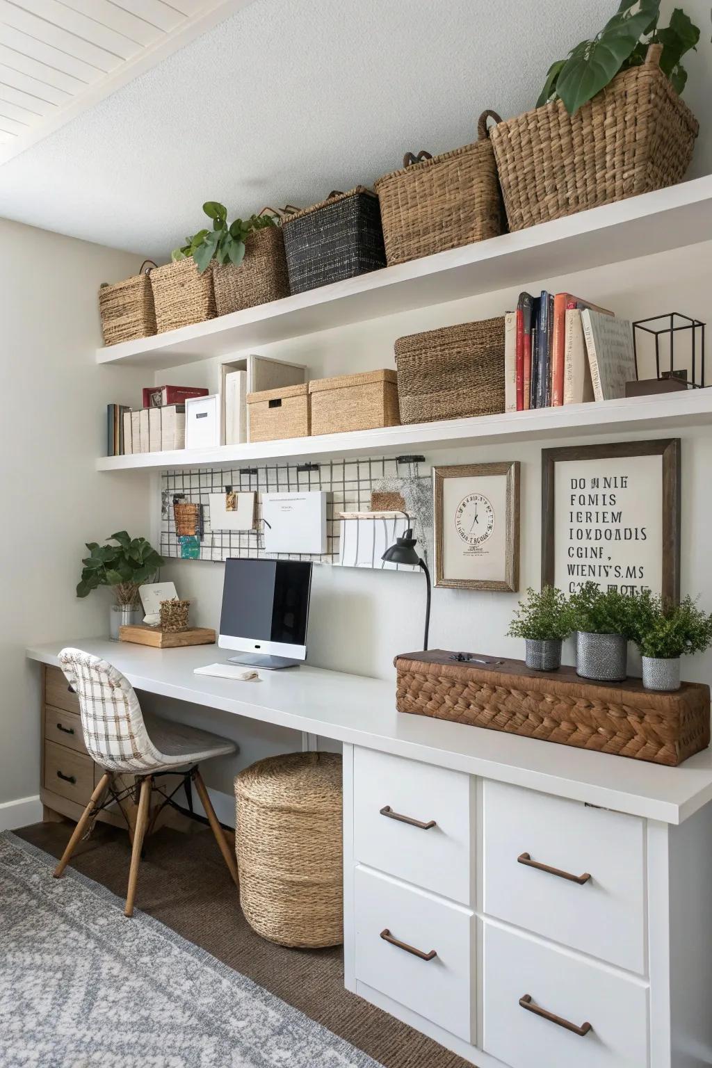 Chic storage solutions in a home office, featuring baskets and floating shelves.