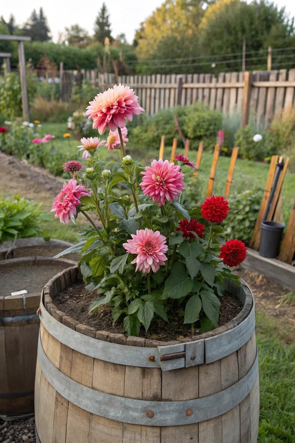 Rustic elegance featuring dahlias within a wooden drum.