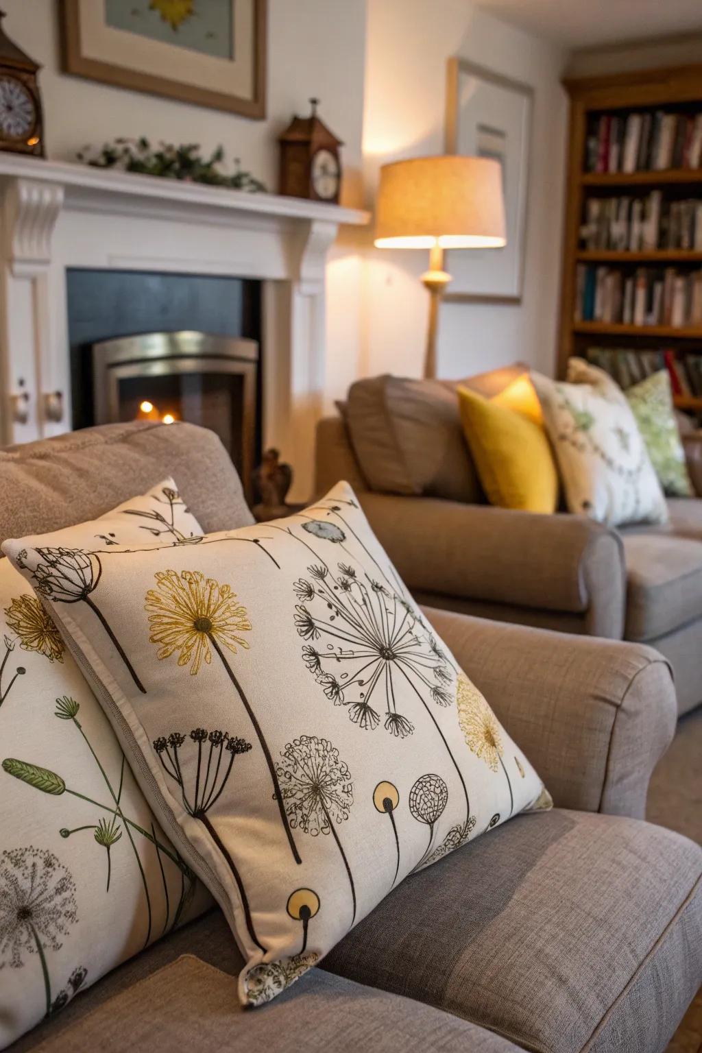Fun dandelion cushions add lightheartedness to any room.