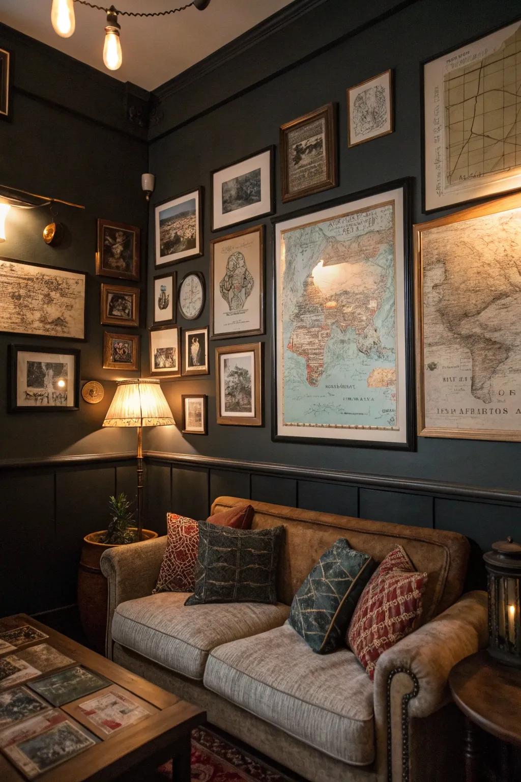 Vintage art components contribute dimension and personality to the décor.