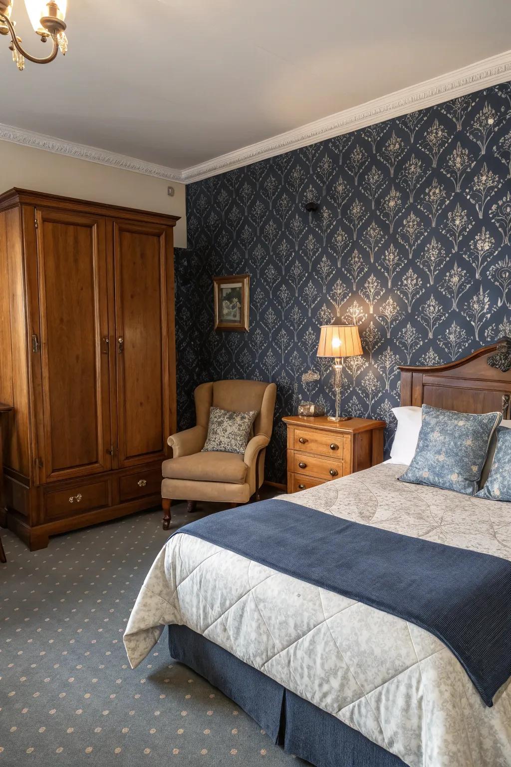Create a nostalgic vibe with old-fashioned dark blue wall coverings.