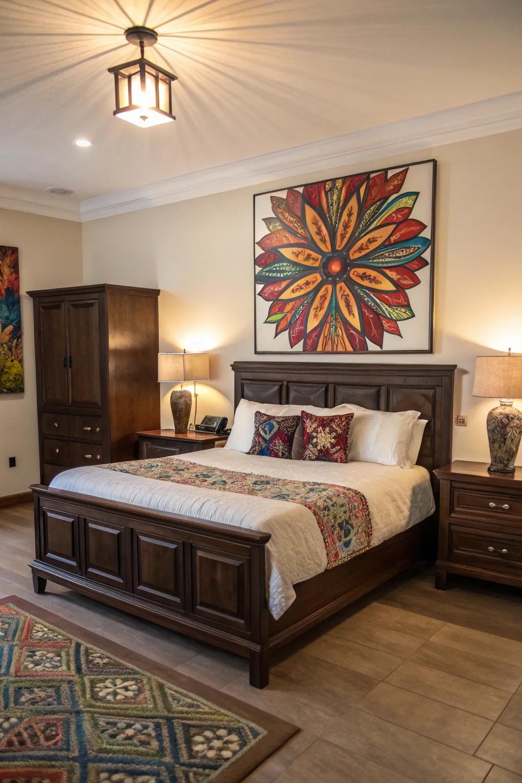 Artwork acts as a striking centerpiece against dark brown furnishings.