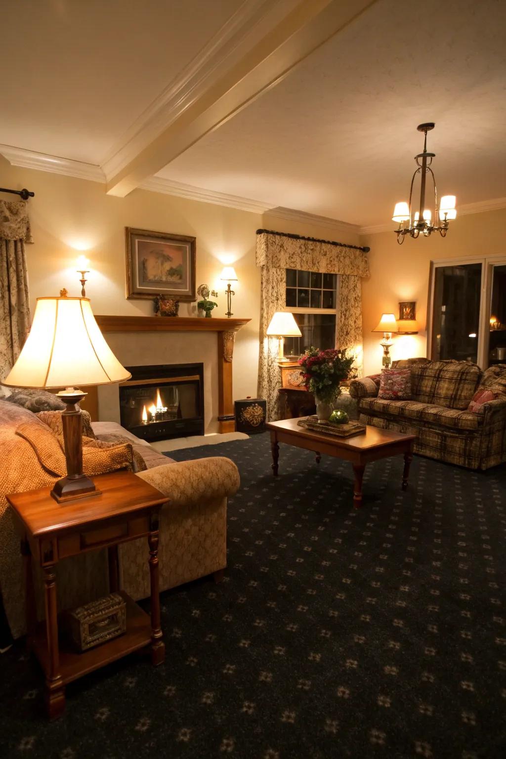 Soft lighting enriches the cozy feeling of a dark floor covering space.