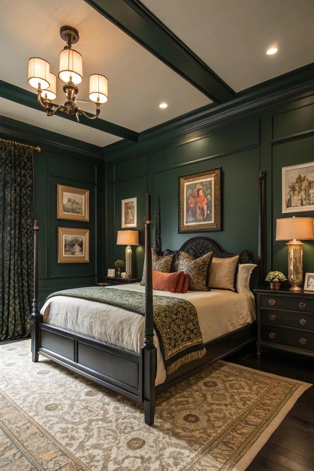 Dark green walls with black trim create an amazing architectural effect.
