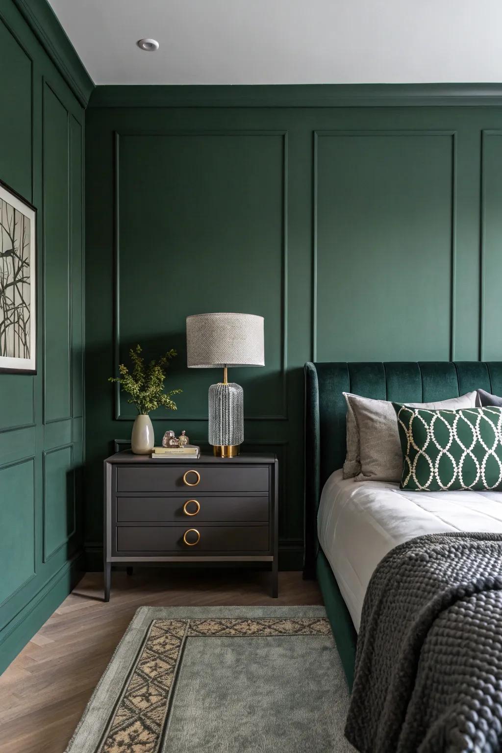 A minimalist dark green bedroom featuring select standout decor items.