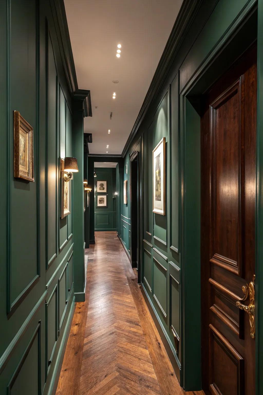 Timber floors contribute warmth to the deep green hallway.