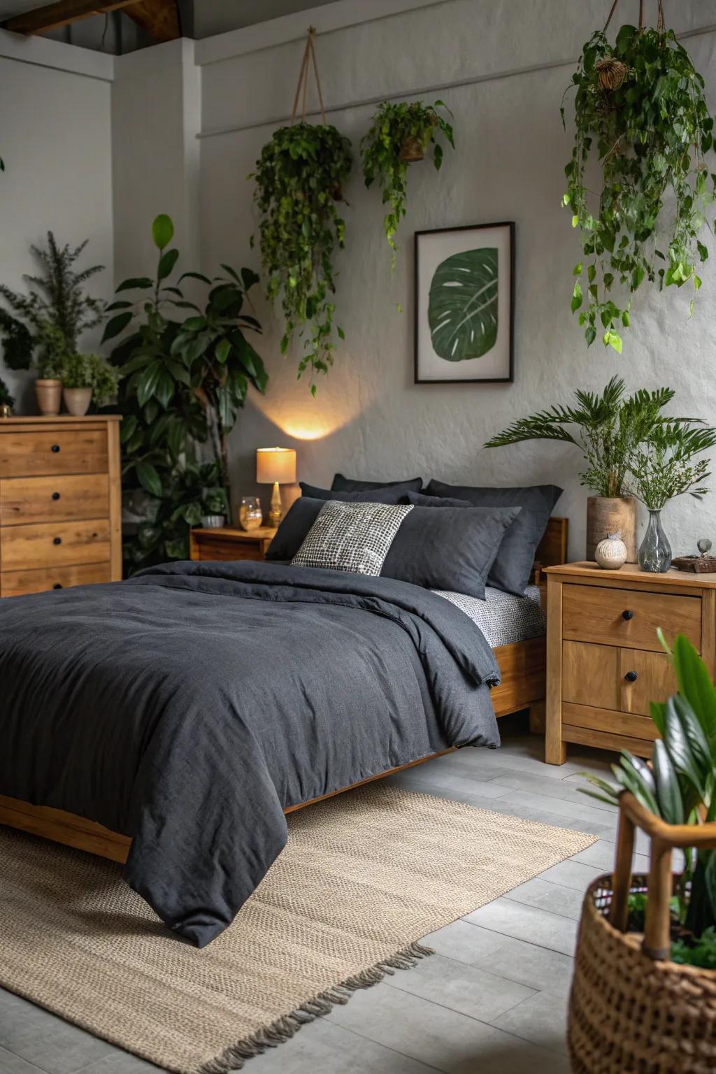 The cool tones of charcoal are complemented by natural components.