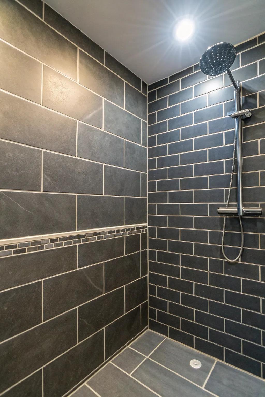 Light grout highlights the intricate patterns of dark grey tiles.
