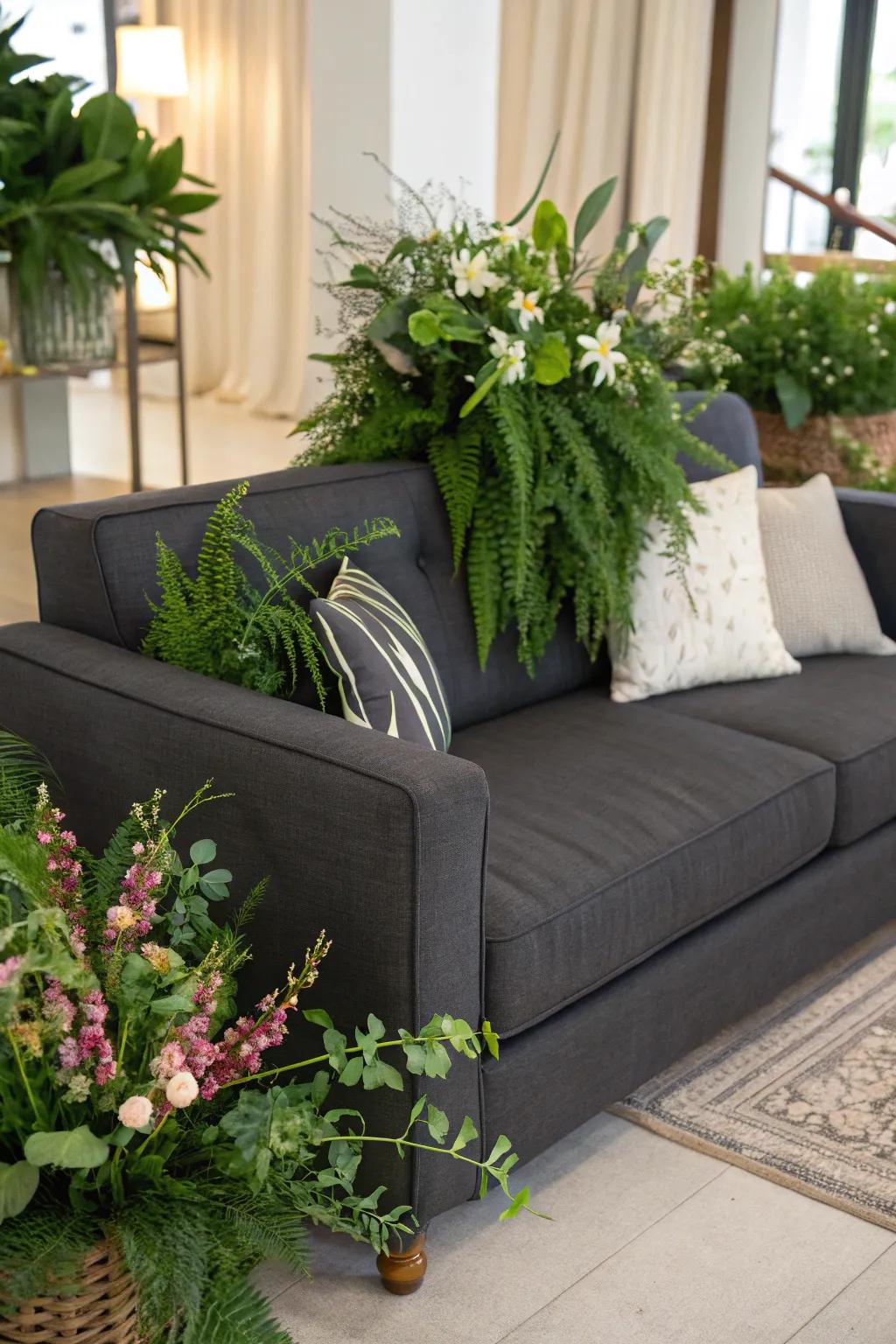Natural accents breathe life and freshness into a grey couch setting.