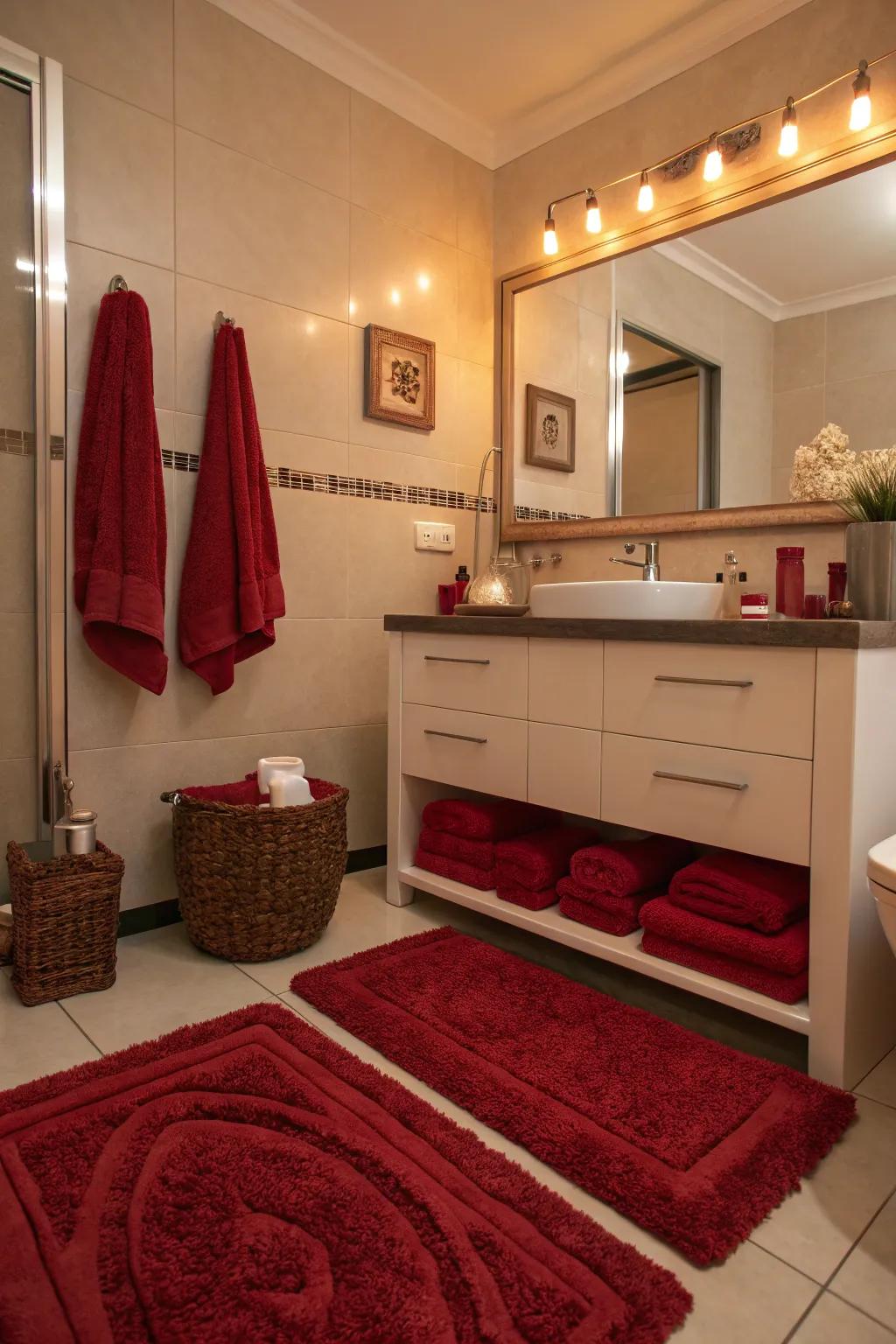 Sumptuous red textiles enhance the coziness and comfort of your area.