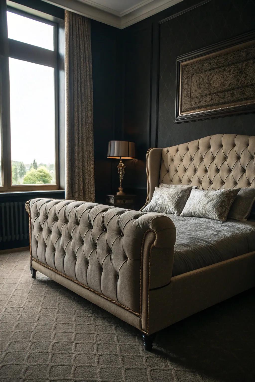 A room featuring a button-tufted sofa and an elegant bedframe.