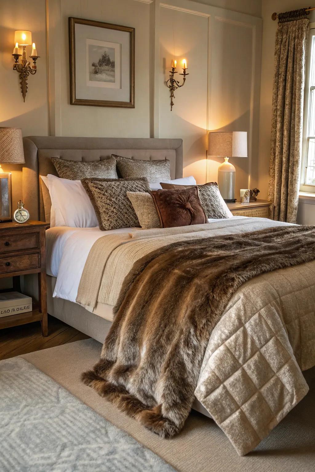 Superimposed textures like faux fur and silk enhance dimension and encourage comfort.