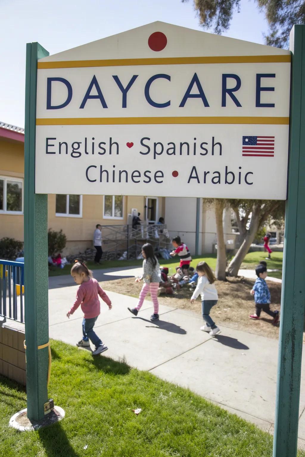 Multilingual signage warmly receives families from diverse backgrounds at the daycare.