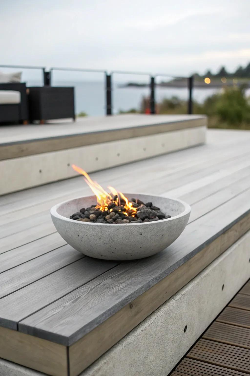 Opt for a minimalist design with a sleek concrete fire bowl on your deck.