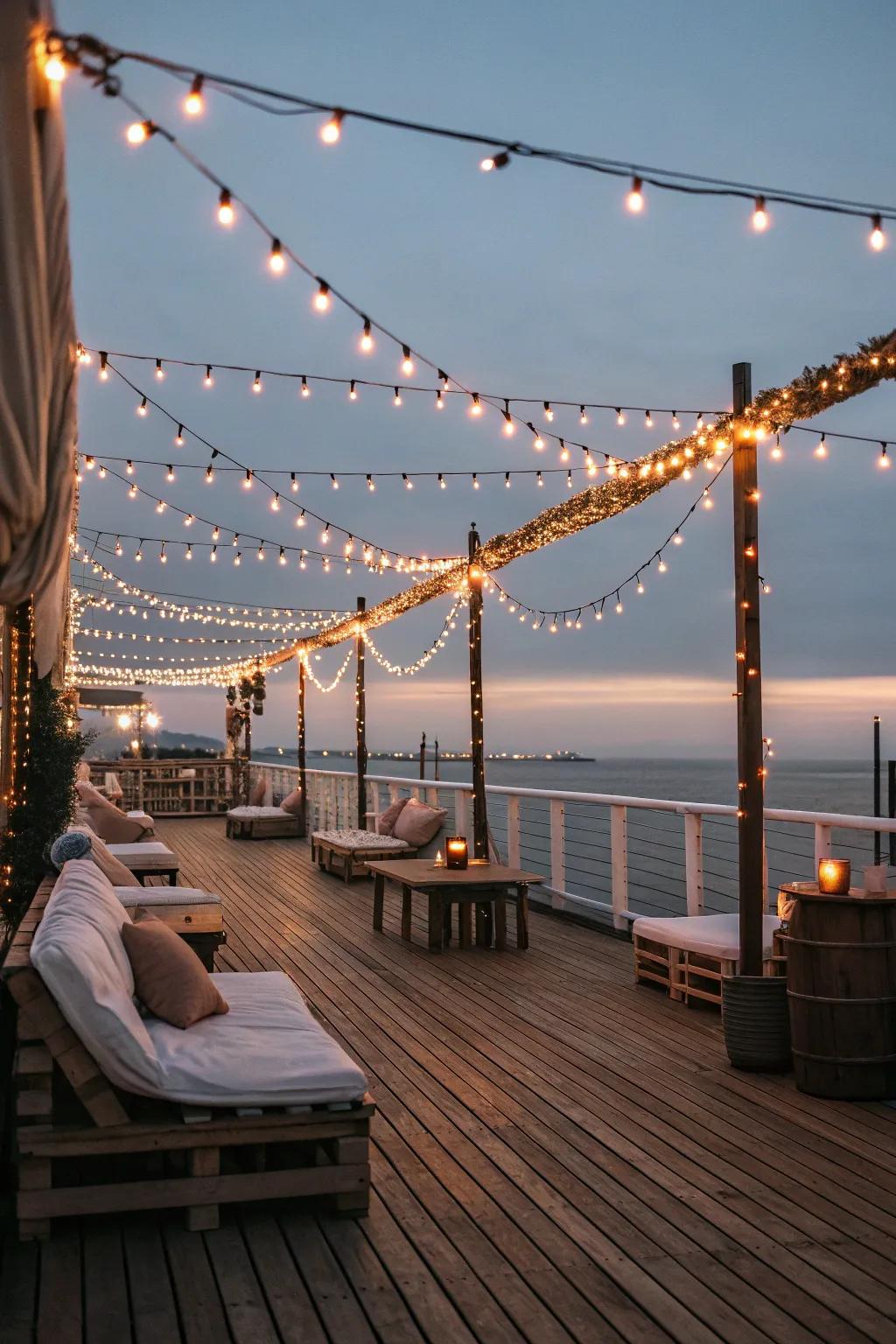 Fairy illumination weaves magic into your deck setting, perfect for nights outdoors.