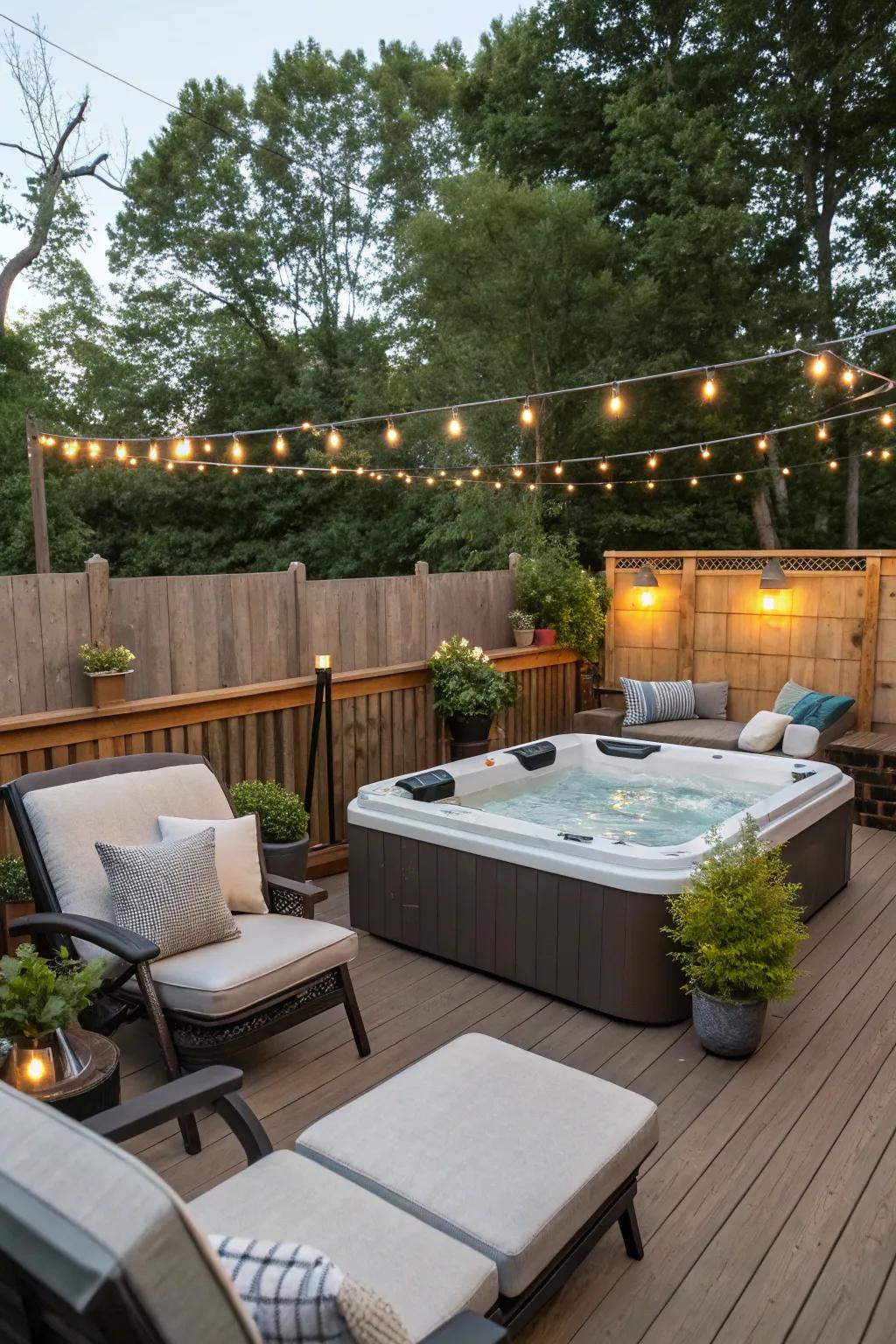 Comfortable seating areas add to the relaxing vibe of the hot tub deck.