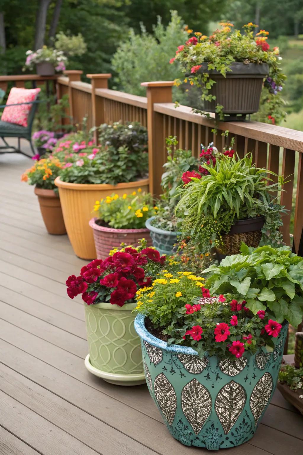 Ornamental pots add personality and color to your deck.