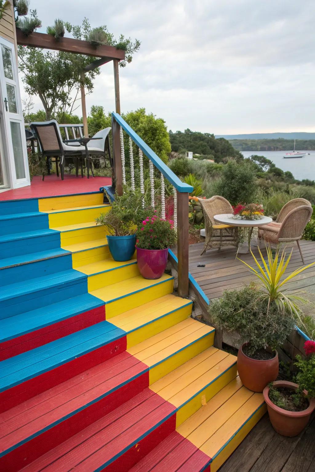 Deck stairways featuring striking colors for an energetic design