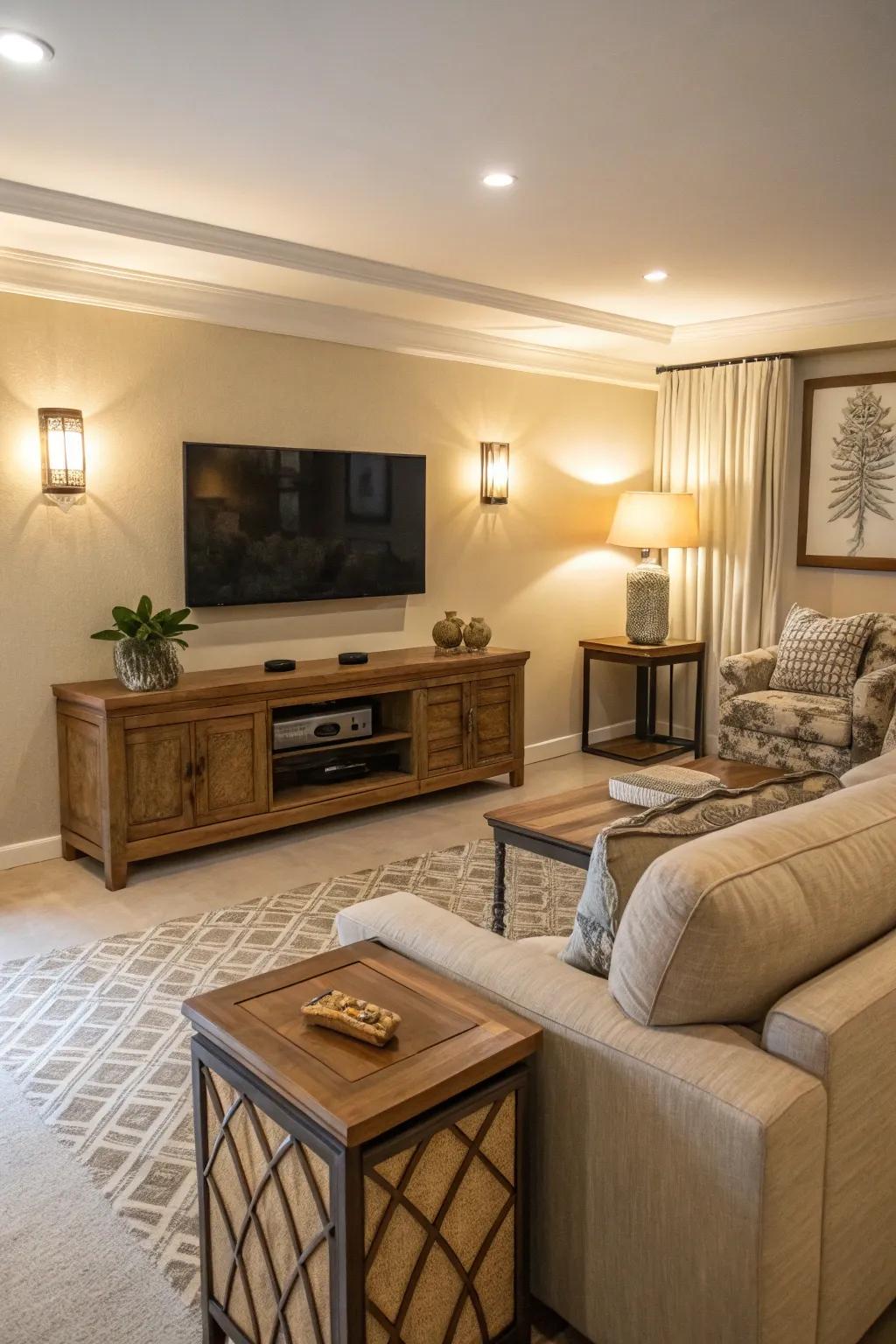 Muted shades establish a tranquil context for the TV.