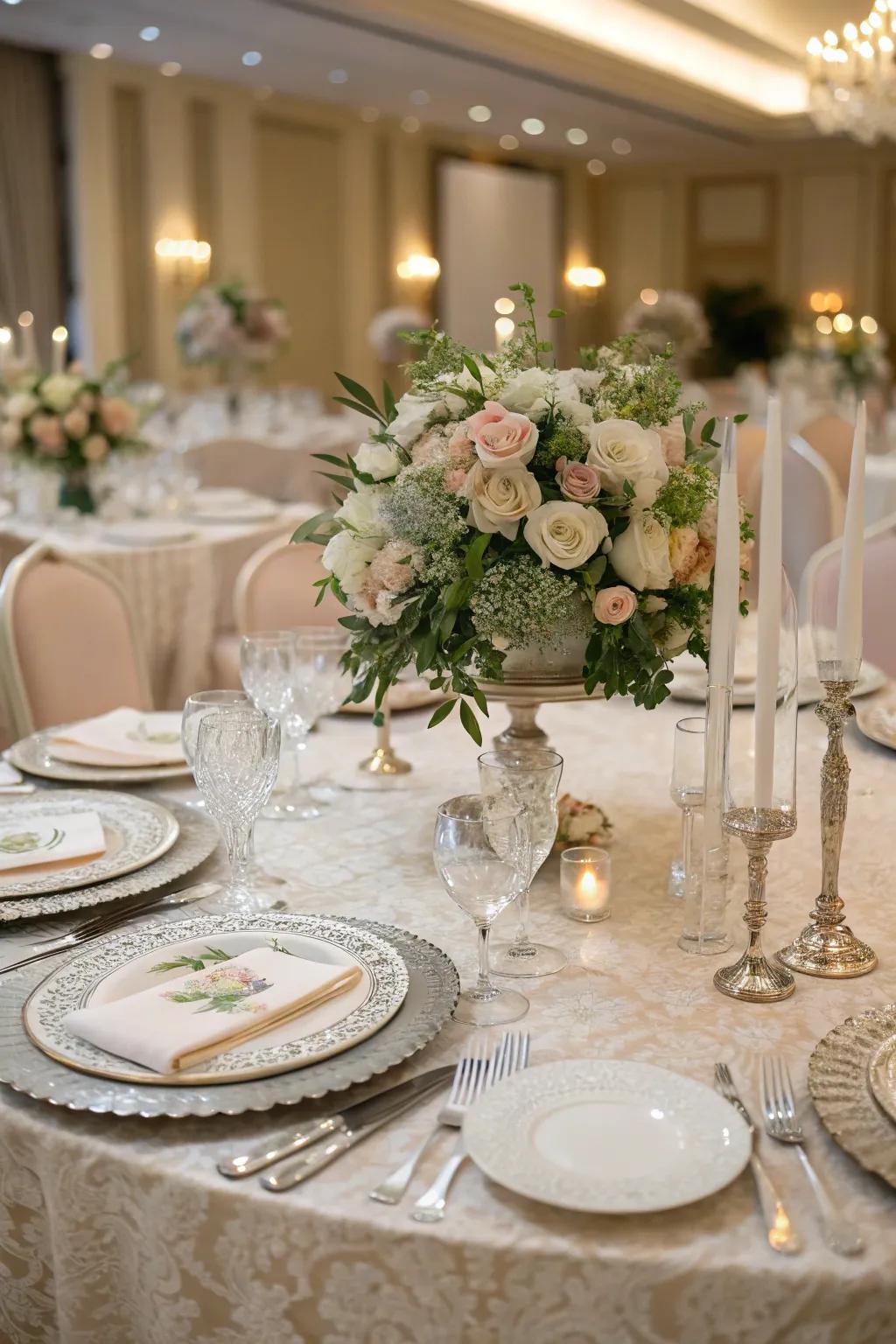 An elegantly set table with detailed centerpieces at a wedding.