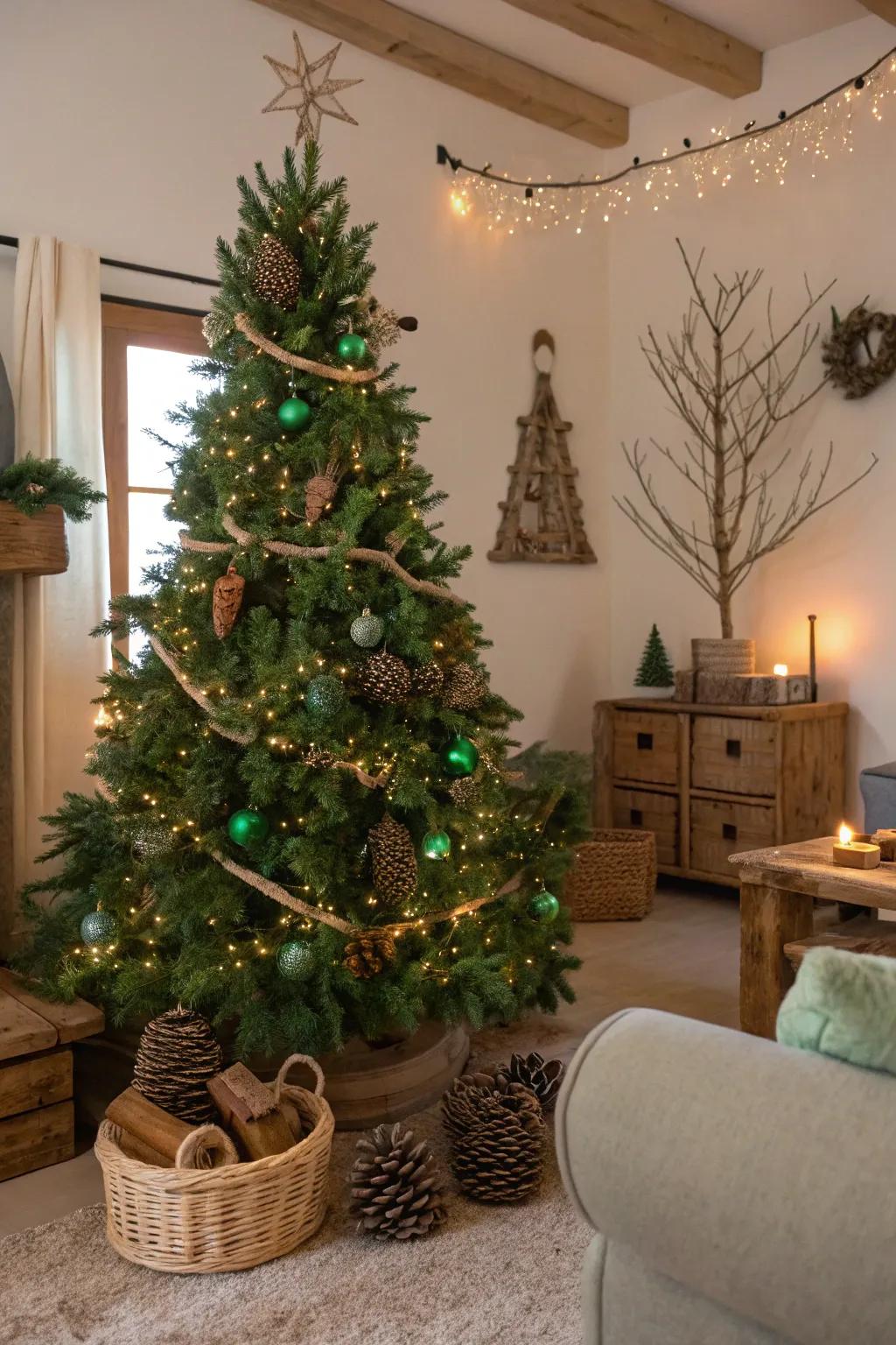 A forest dreamscape Christmas tree with green lights and forest decorations.