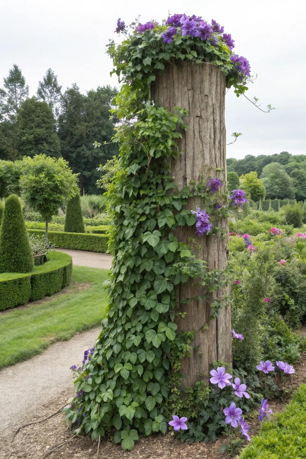 Create a vertical garden by growing plants on a tree stump.