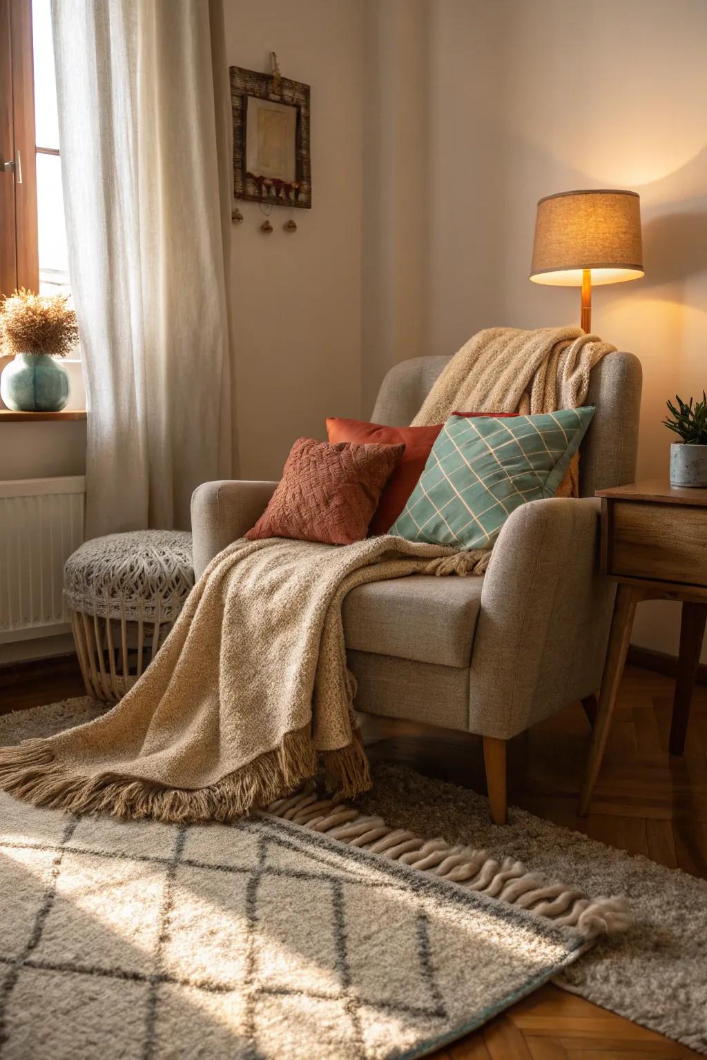 Textiles contribute warmth and coziness without clutter.