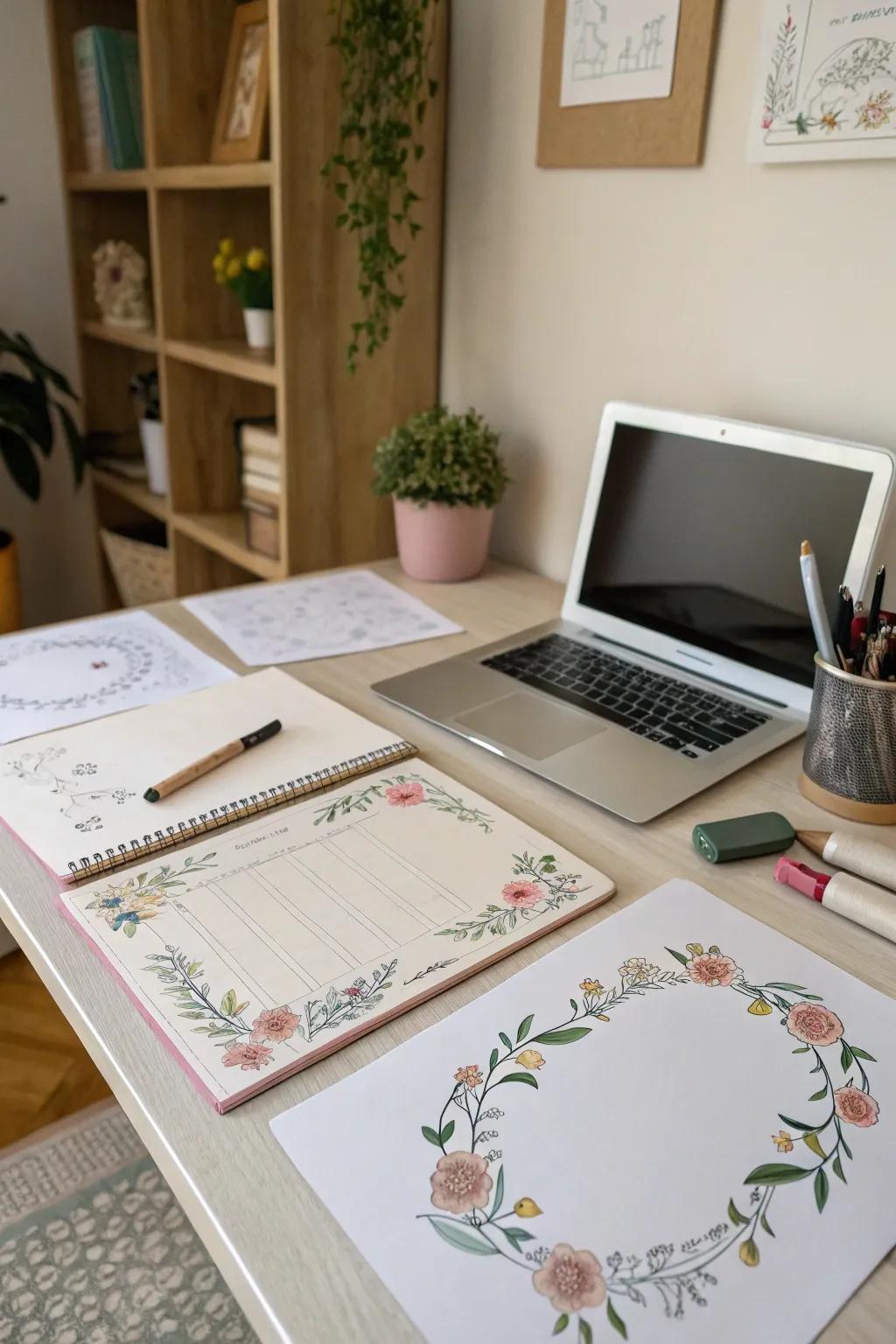 Home office desk with documents featuring floral border sketches.