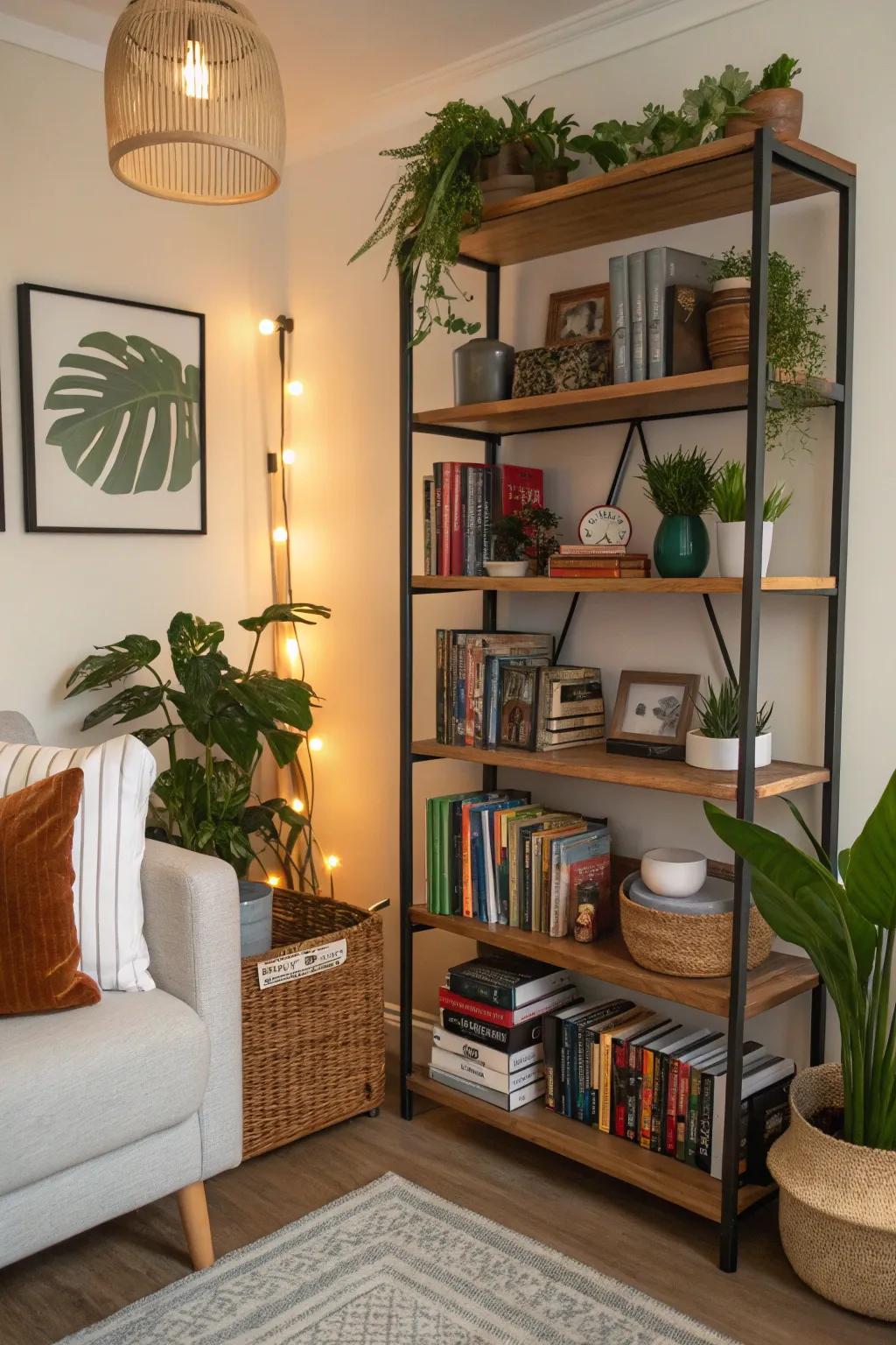 Tiered shelving pairs function with aesthetic charm.