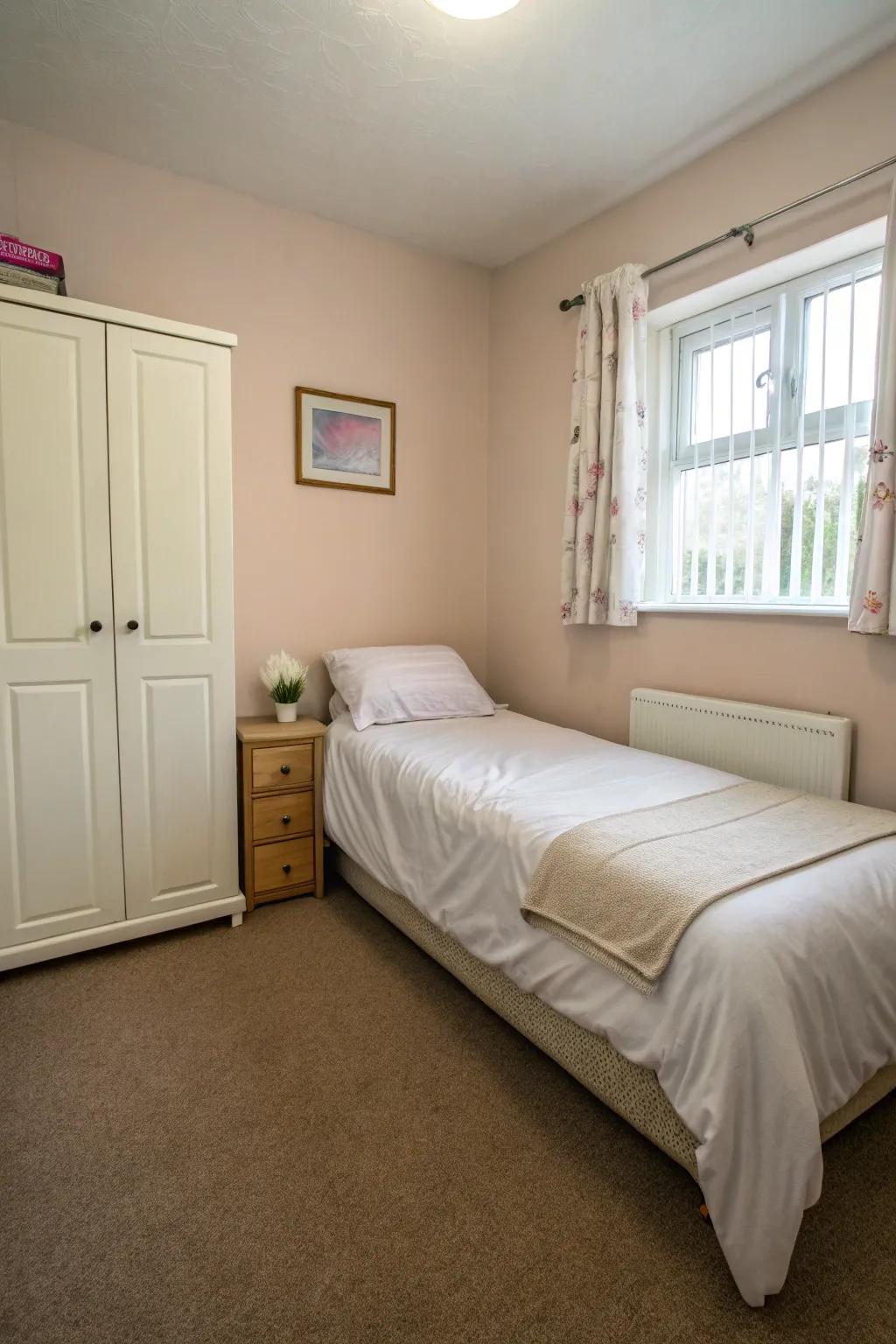 A minimalist compact bedroom featuring clean lines and unfussy decor.