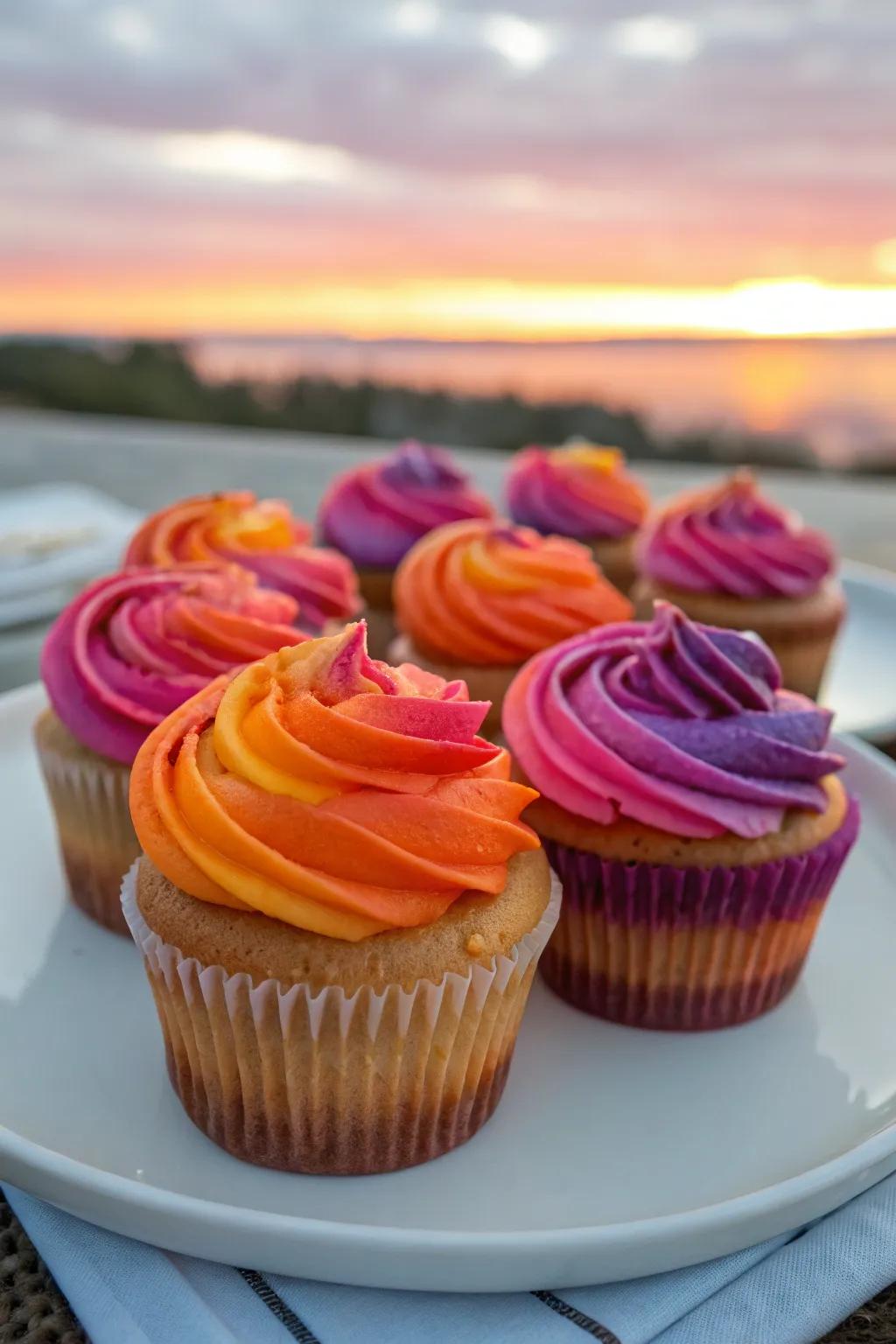 Petite cakes with setting sun-colored frosting featuring gradients involving tangerine, rose, and lilac.