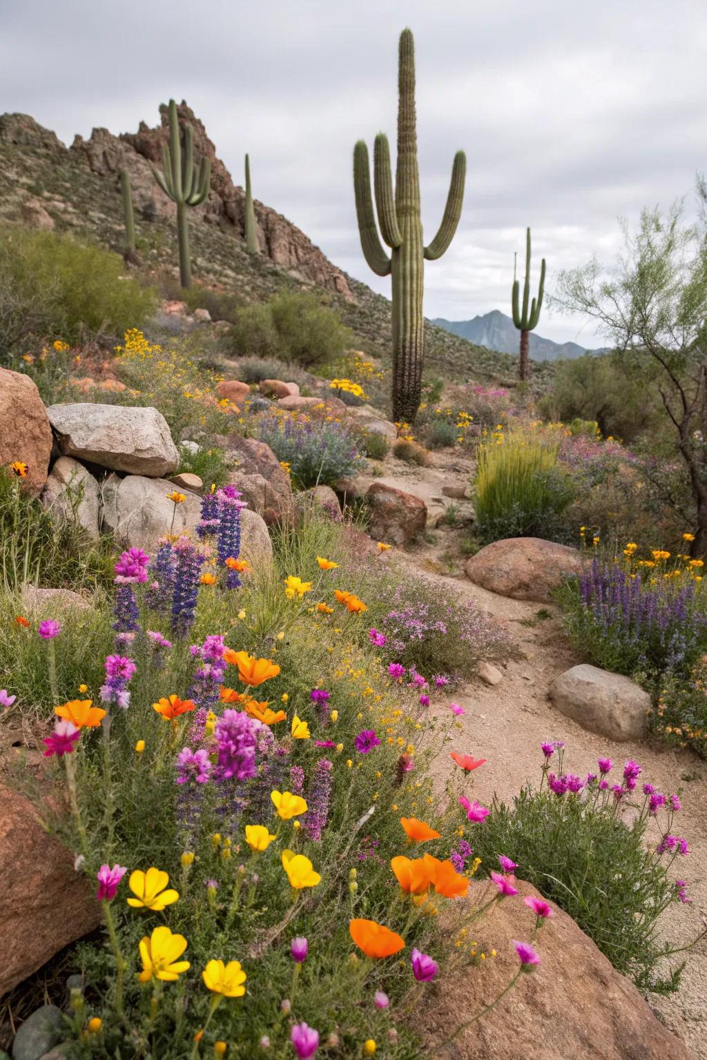 Lively desert blooms incorporating a dash of color to the dry landscape.