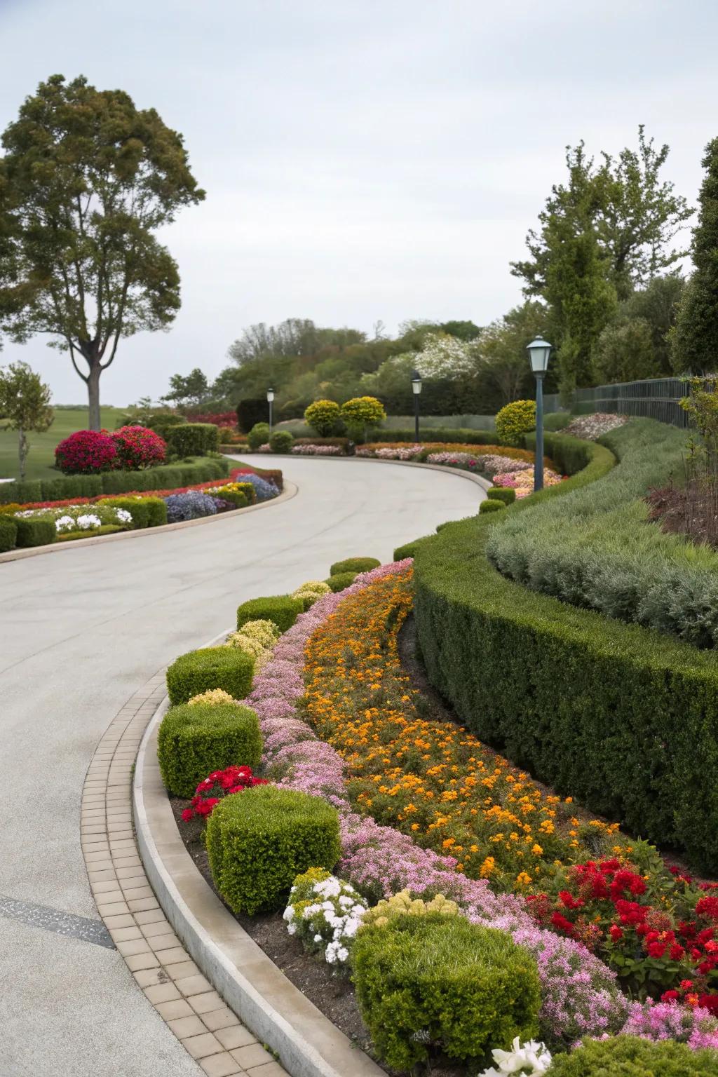 Floral borders transform this driveway into an aromatic, vibrant path.