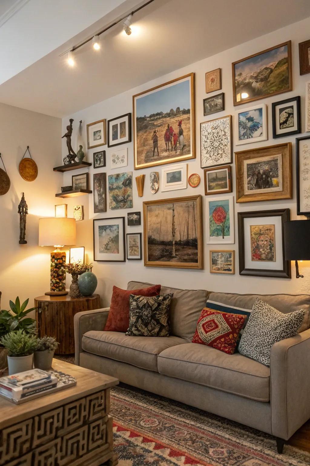 An artistic gallery wall that imbues character and charm into the space.