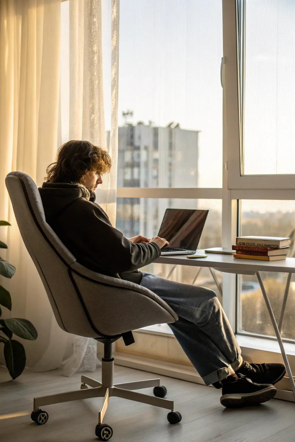 A supportive chair offers comfort for long work periods.