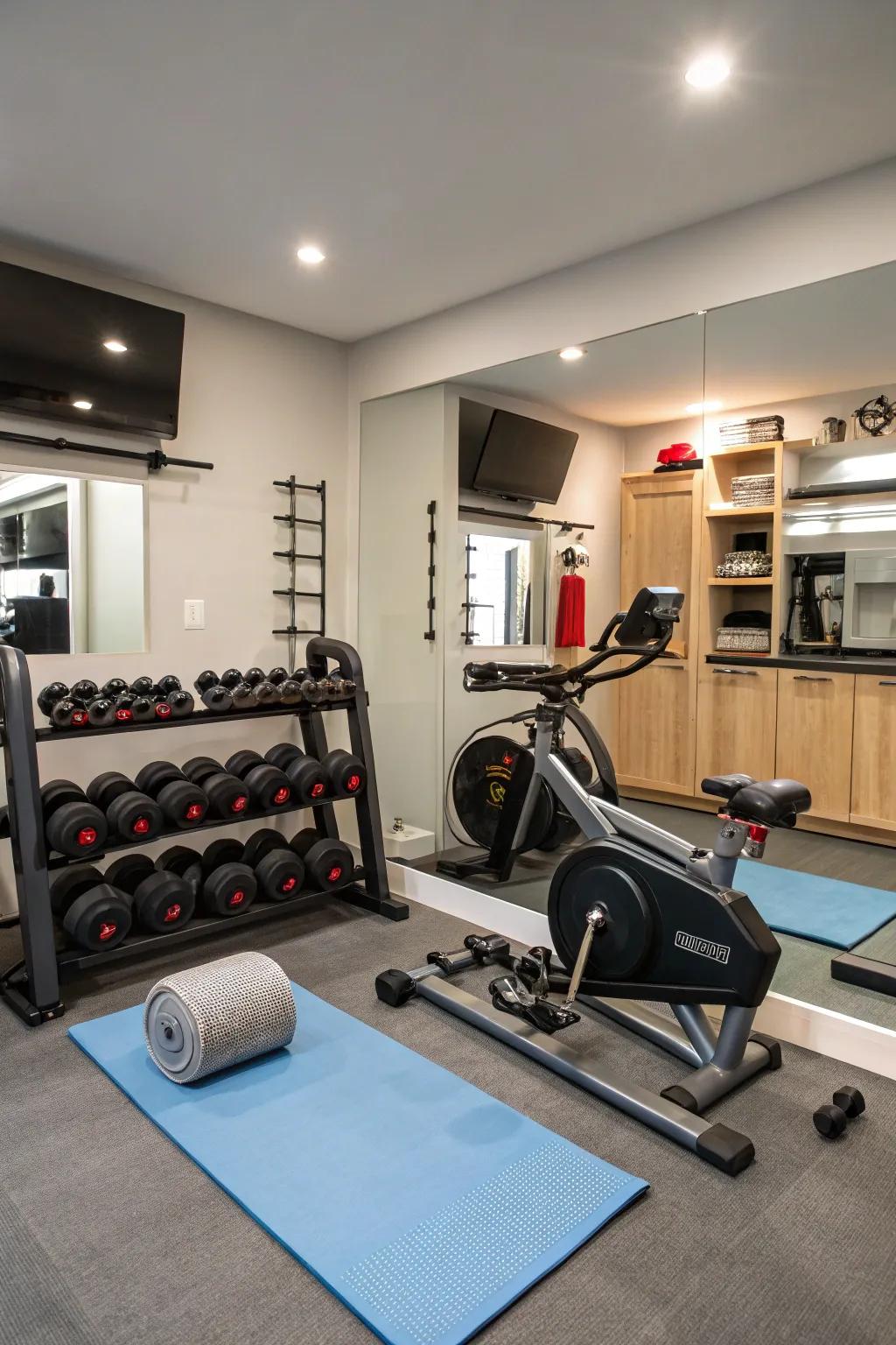 A fitness area featuring numerous exercise stations that promote a full range of workouts.