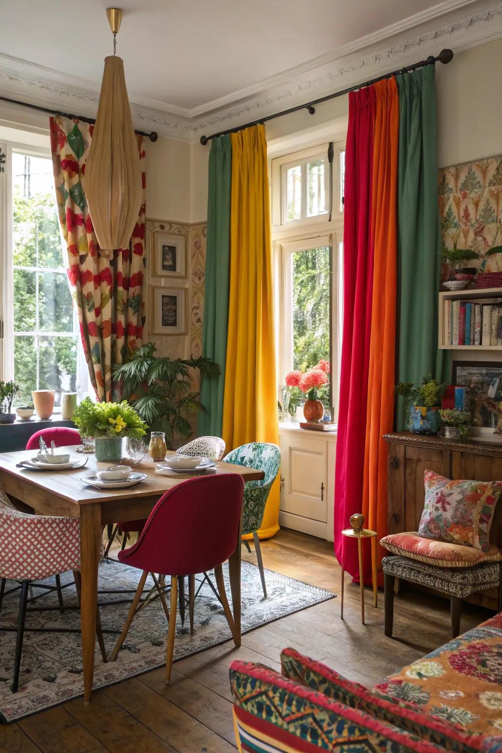 Artistic window coverings infusing vibrancy into an eclectic dining room.
