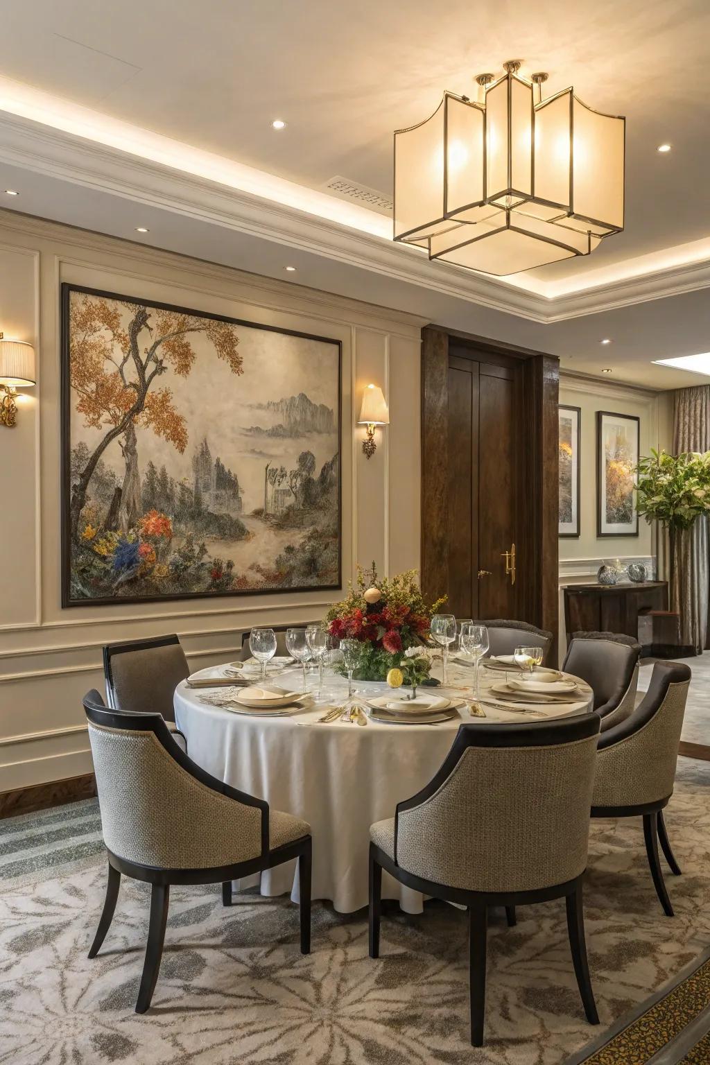 Striking art adds character and a focal point to the dining room.