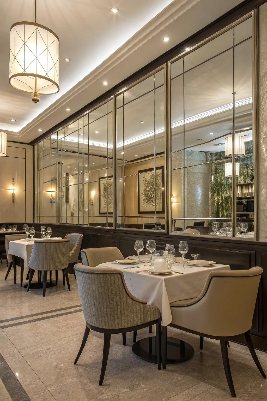 Reflective surface protectors impart a distinctive sheen to dining spaces.
