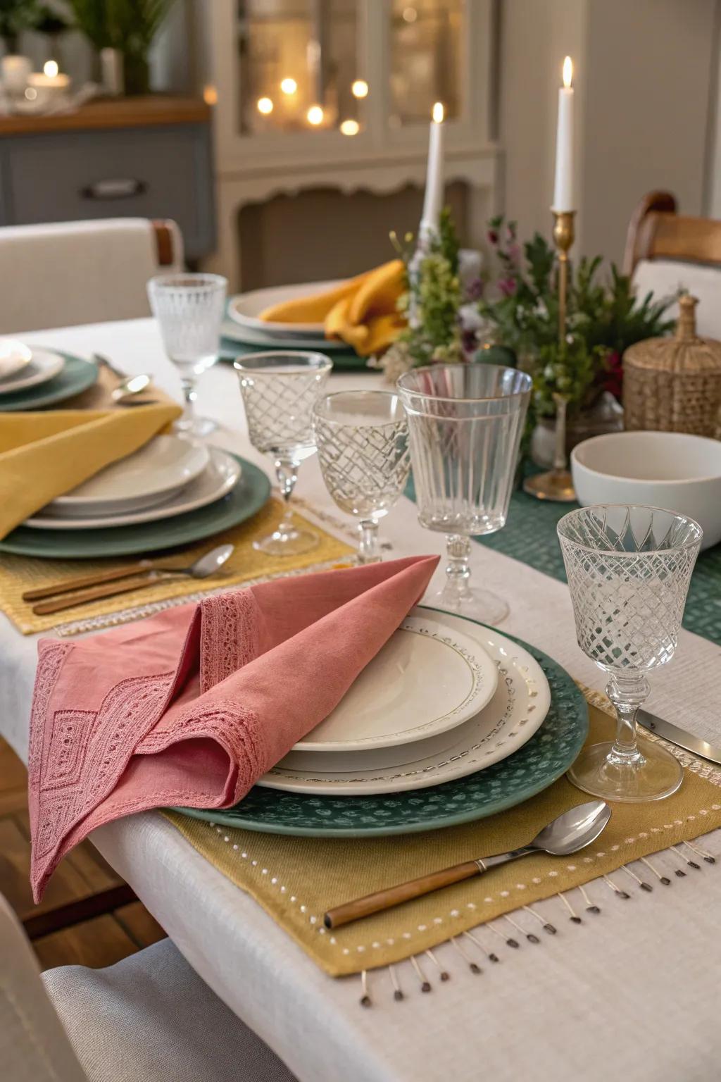 A well-coordinated color scheme enhances the dining table.