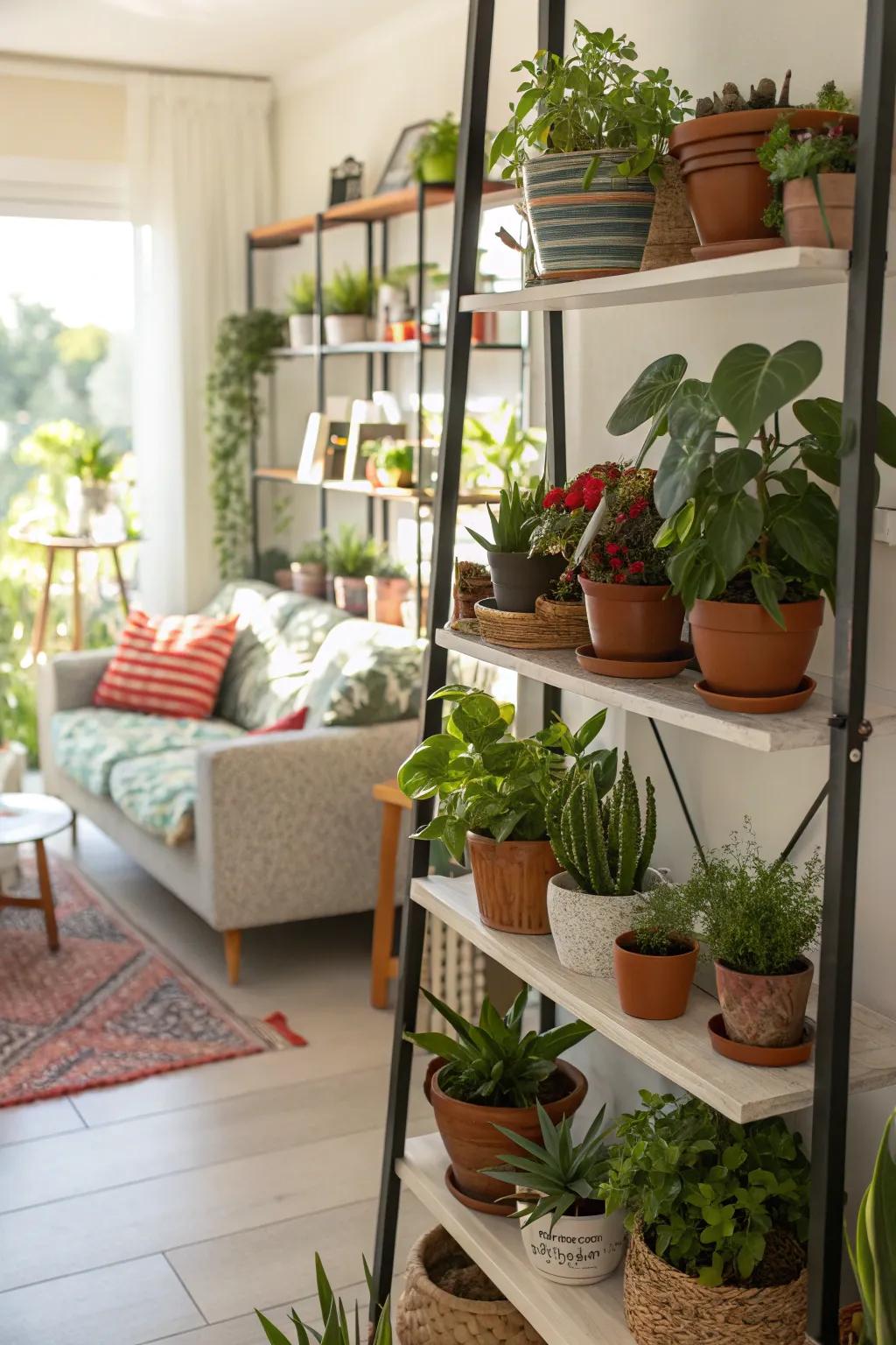 Greenery brings nature into shelving.