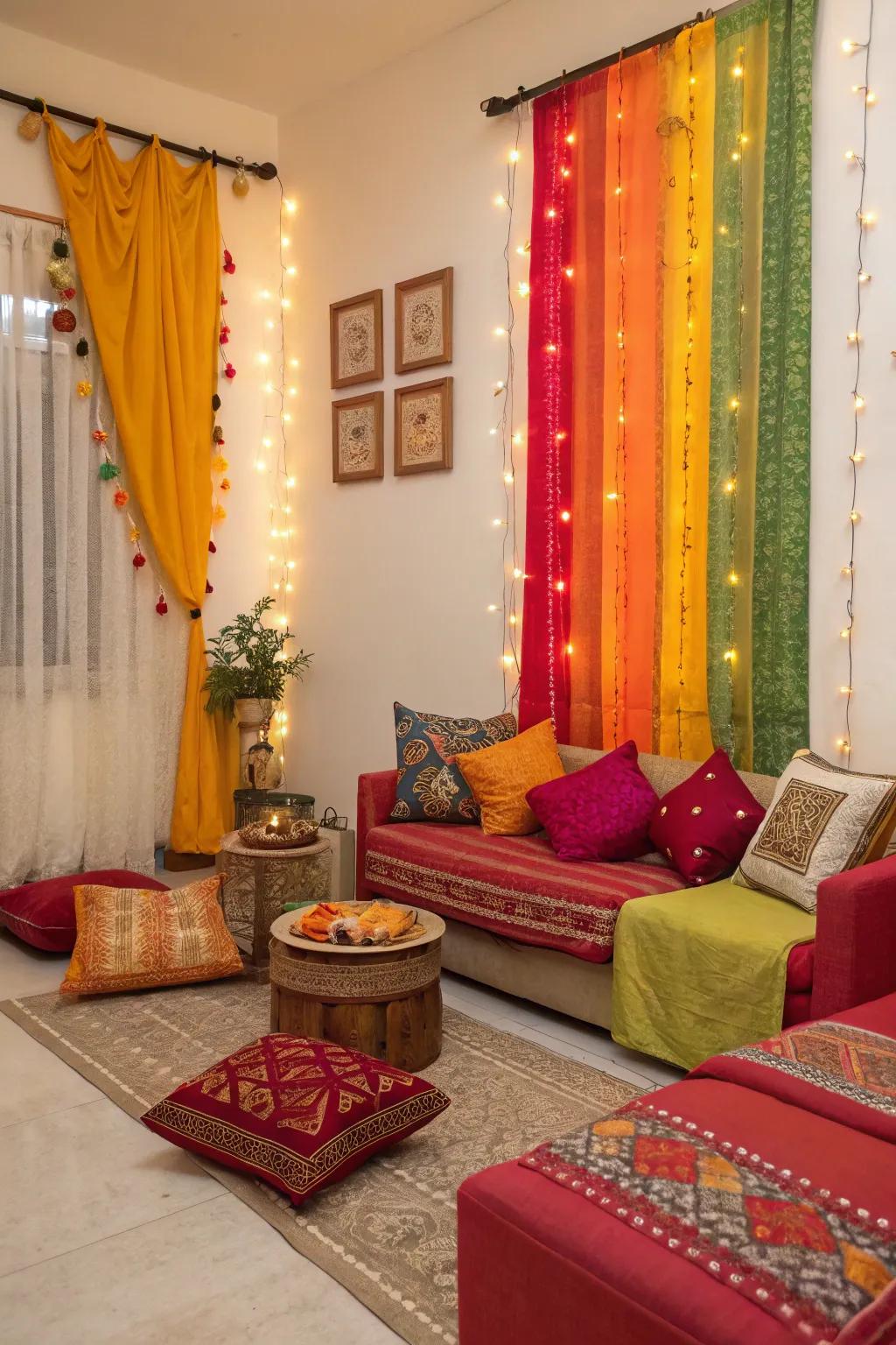 Festive changes from colorful cushions and curtains.